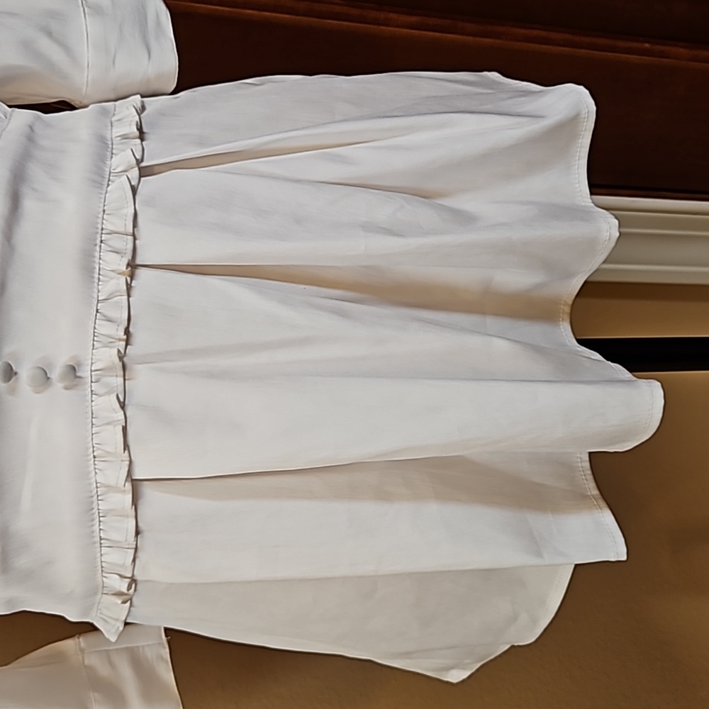 ANTILIA FEMME RUFFLE BLOUSE TOP STRETCH WHITE M TIE WAIST 3/4 SLEEVE - Picture 5 of 10